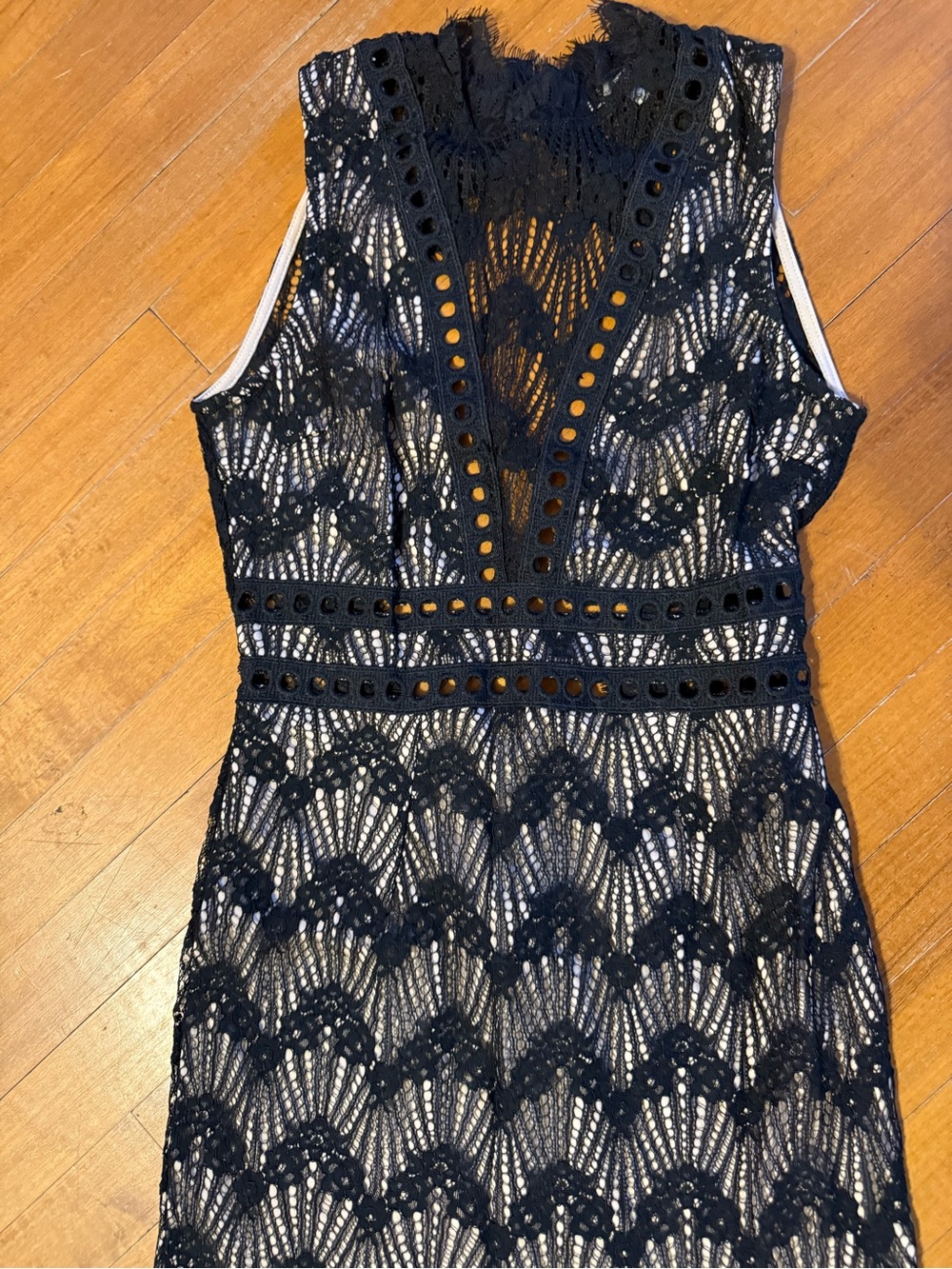 Sleeveless Black Lace Overlay Dress with Nude Lining